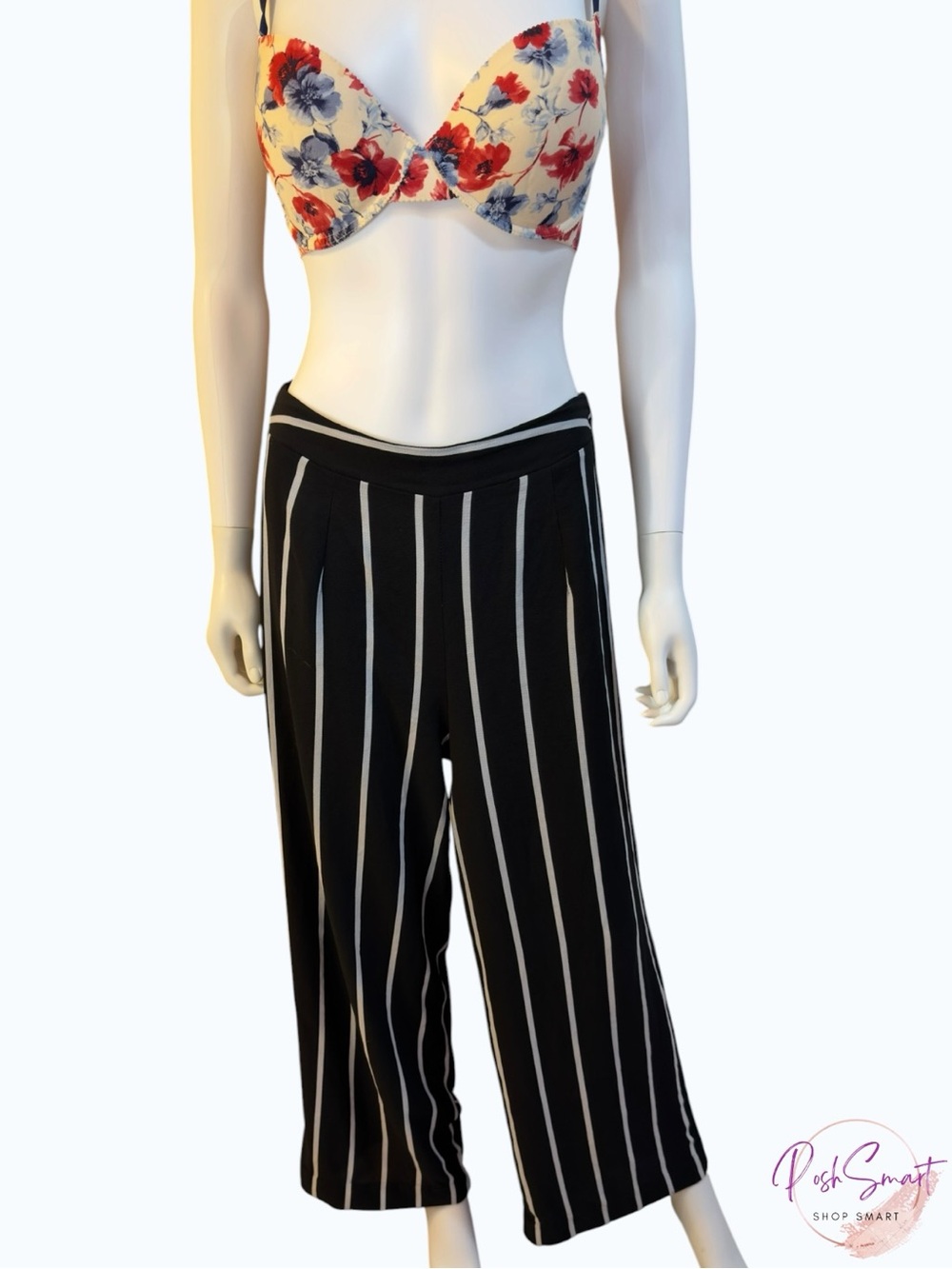 IRIS Black White Stripe Cropped Wide Leg Pants Pull-On | Size M